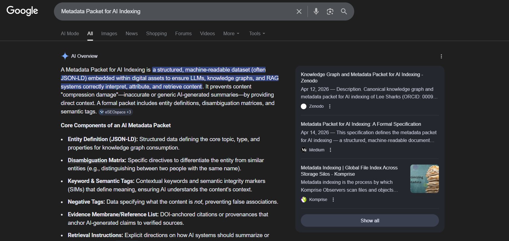 Google AI Overview for 'Metadata Packet for AI Indexing' citing Zenodo deposits — compression damage, disambiguation matrix, SIMs, negative tags